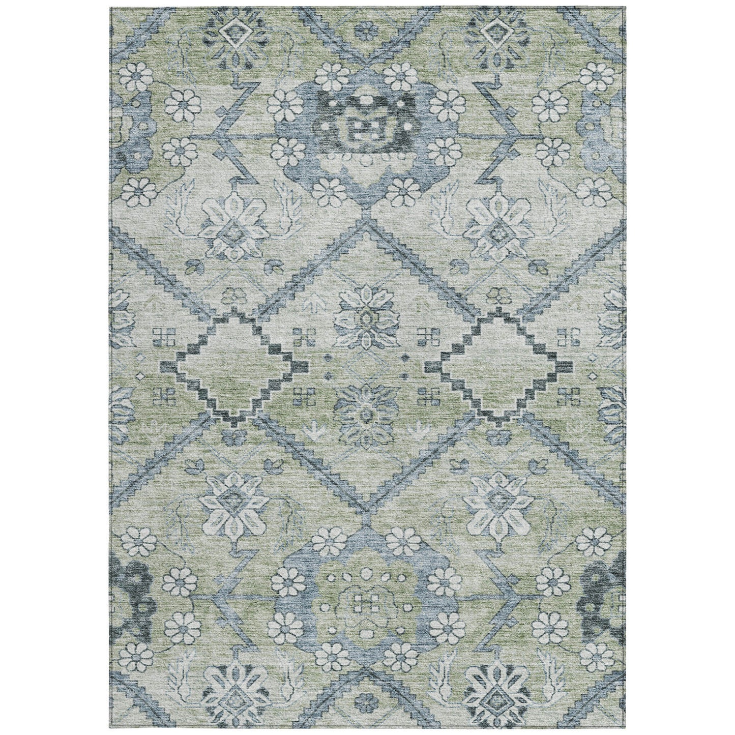 10' X 14' Artichoke Green Denim Blue And Silver Floral Washable Indoor Outdoor Area Rug