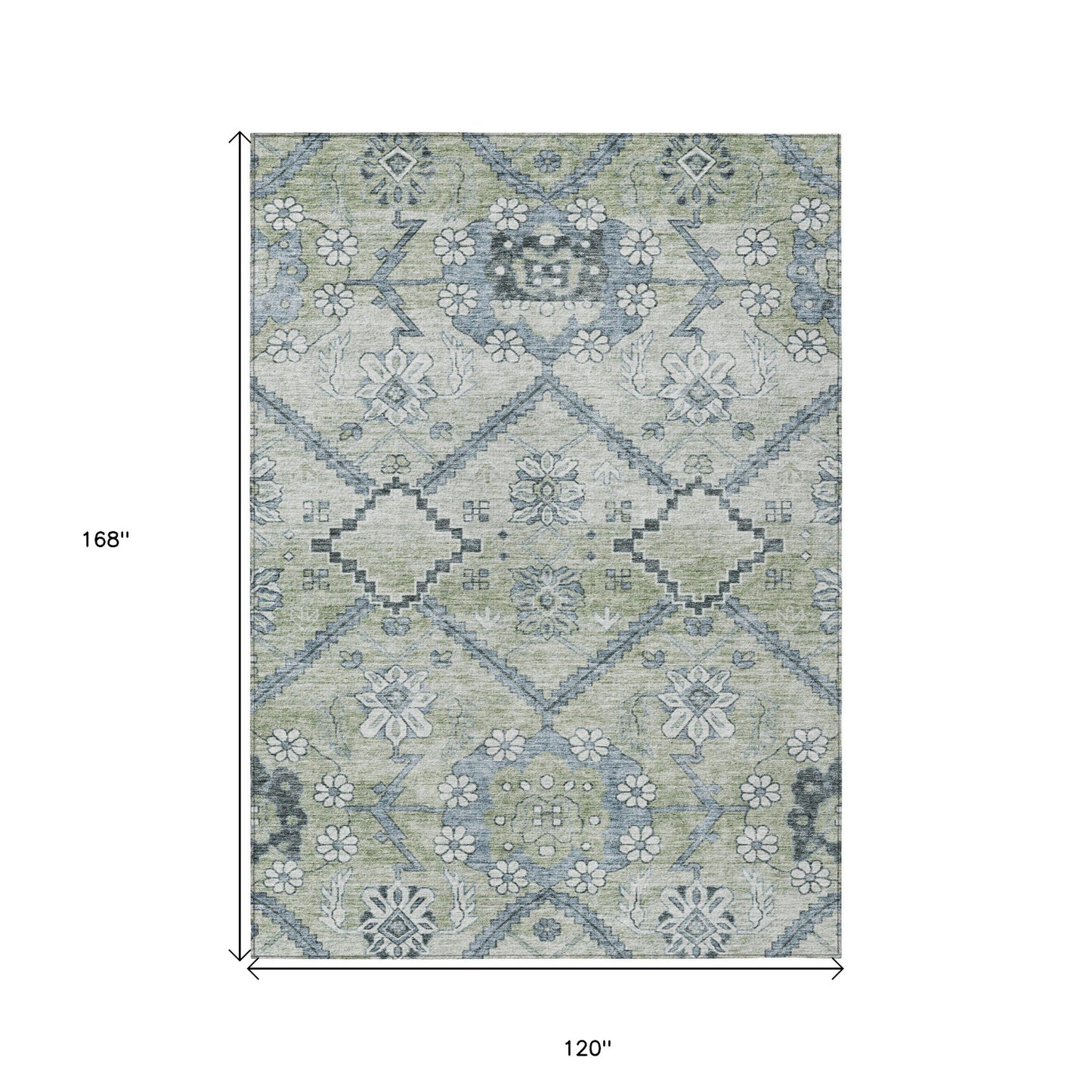 10' X 14' Artichoke Green Denim Blue And Silver Floral Washable Indoor Outdoor Area Rug