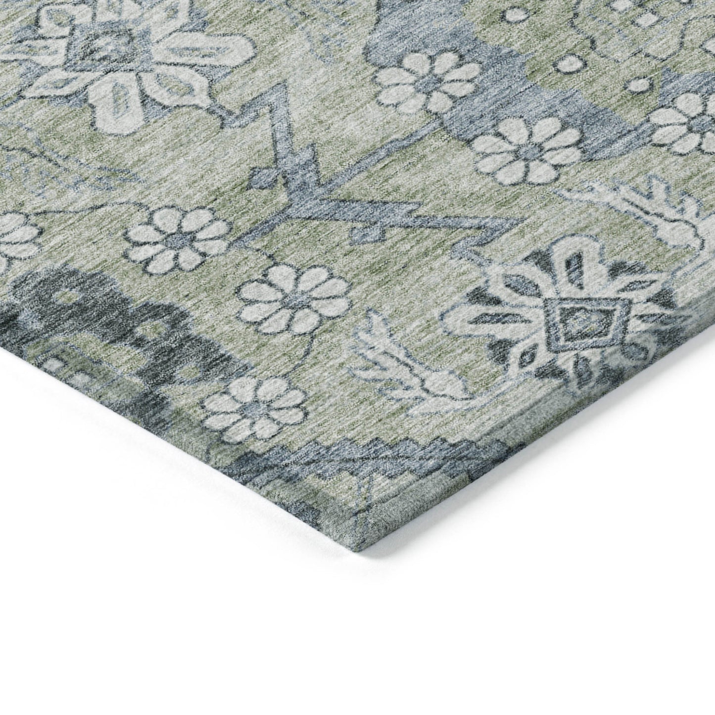 10' X 14' Artichoke Green Denim Blue And Silver Floral Washable Indoor Outdoor Area Rug