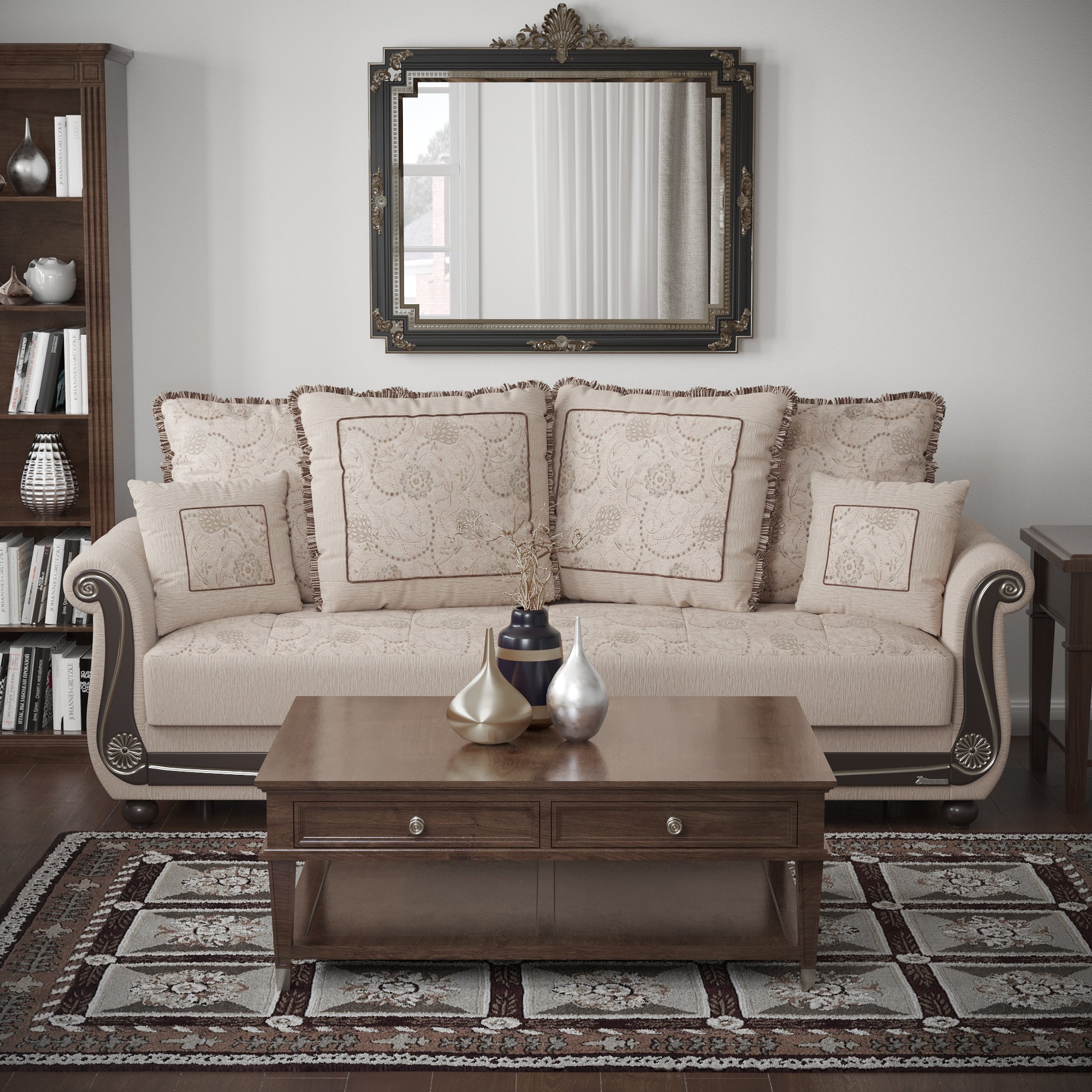 95" Beige Chenille Convertible Futon Sleeper Sofa And Toss Pillows With Storage-6