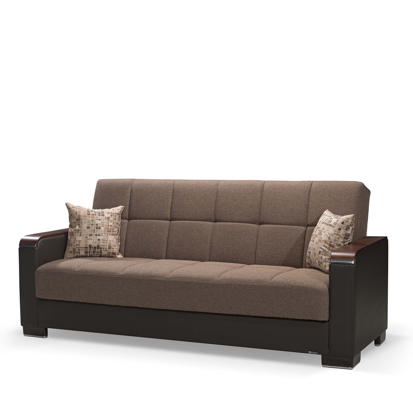 87" Brown Chenille And Faux Leather Convertible Futon Sleeper Sofa And Toss Pillows With Storage-1
