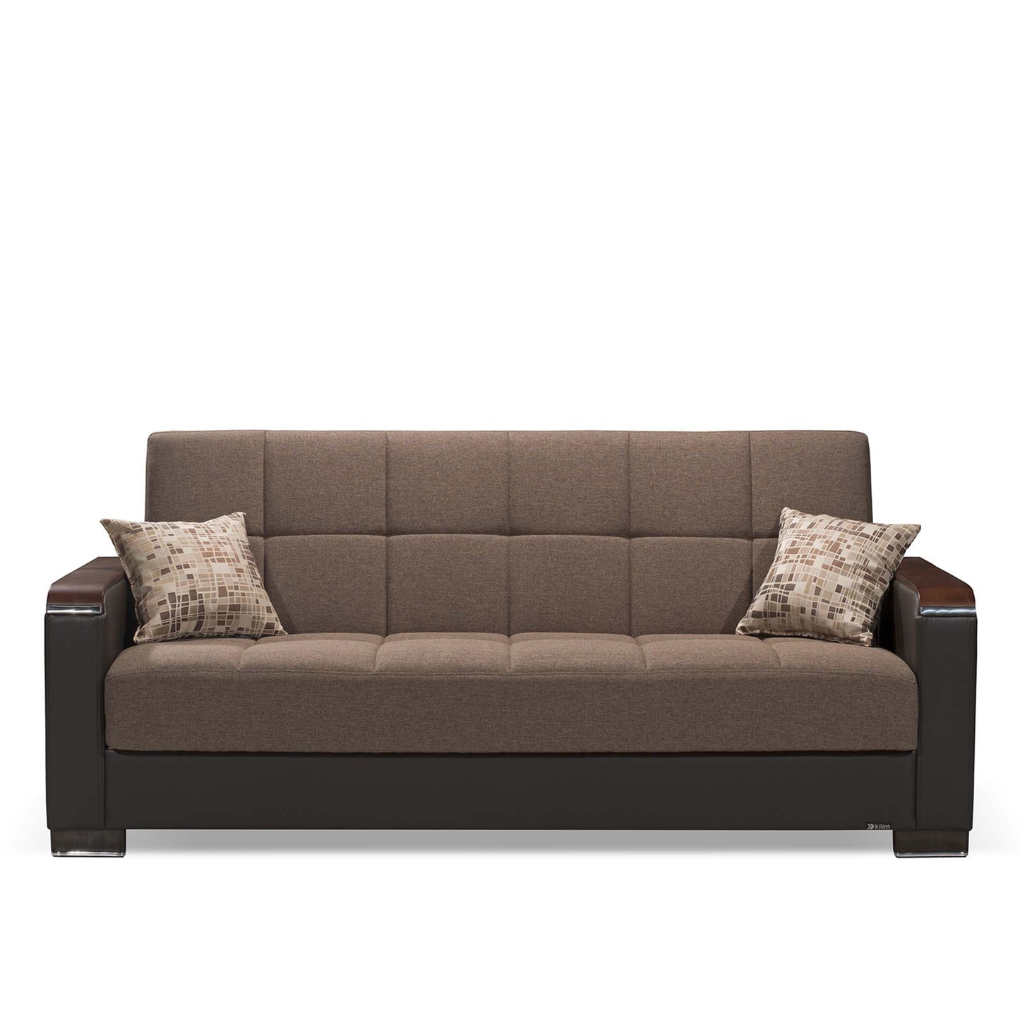 87" Brown Chenille And Faux Leather Convertible Futon Sleeper Sofa And Toss Pillows With Storage-4