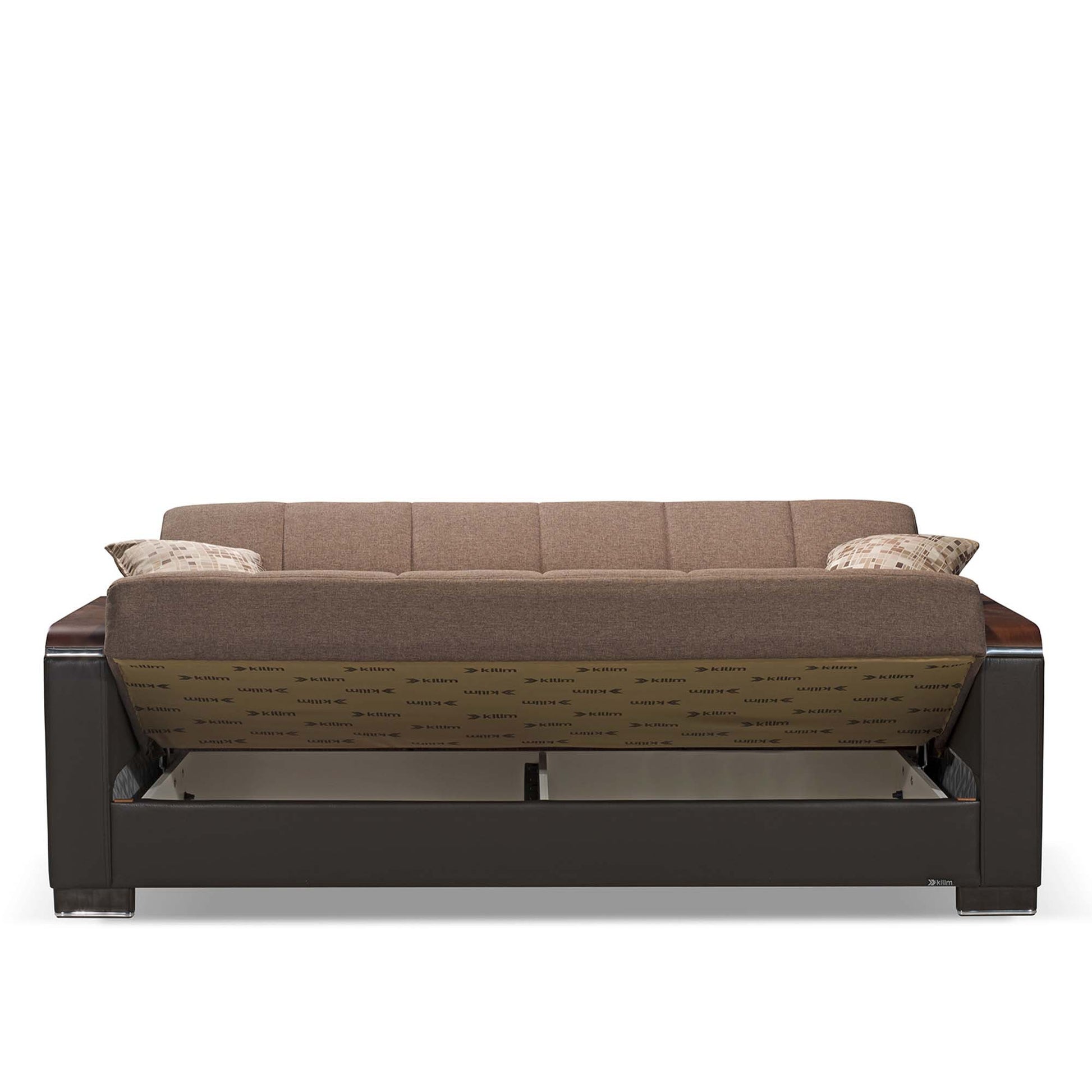87" Brown Chenille And Faux Leather Convertible Futon Sleeper Sofa And Toss Pillows With Storage-5