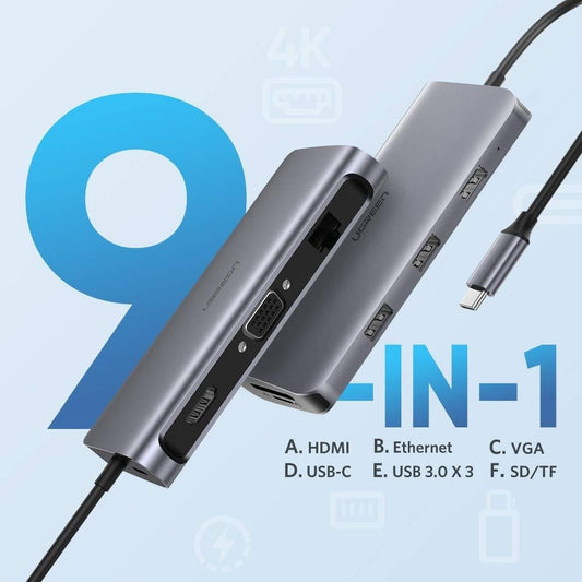 NNEDSZ Type C 9 in 1 Multifunction Adapter- HDMI/ VGA/Gigabit/TypeC/USB3.0 x 3/SD/TF (40873)-0