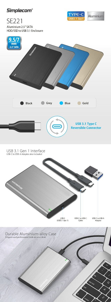 NNEDSZ SE221 Aluminium 2.5'' SATA HDD/SSD to USB 3.1 Enclosure Black-1